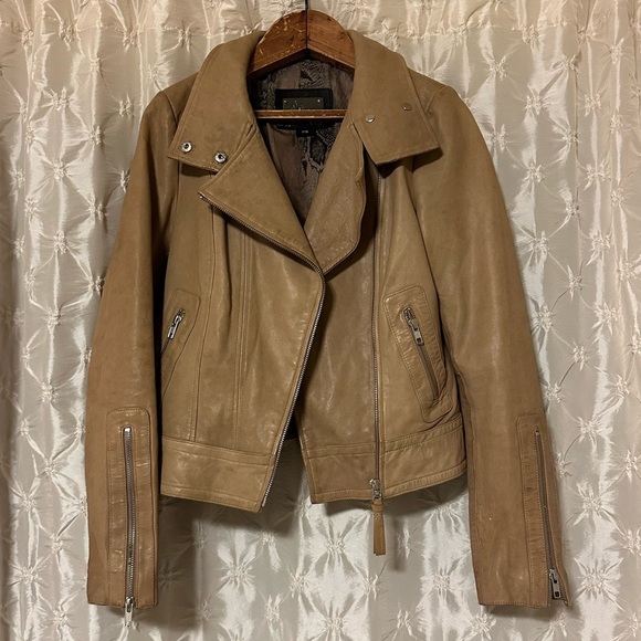 Aritzia Mackage Kenya Tan Leather Women's Moto Jacket Asymmetrical Zip - Picture 1 of 11
